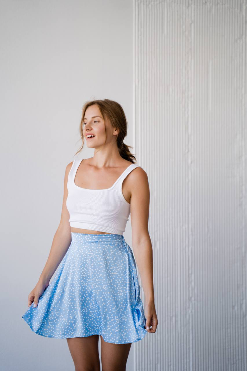 Polkadot mini skirt in silk Sky Blue