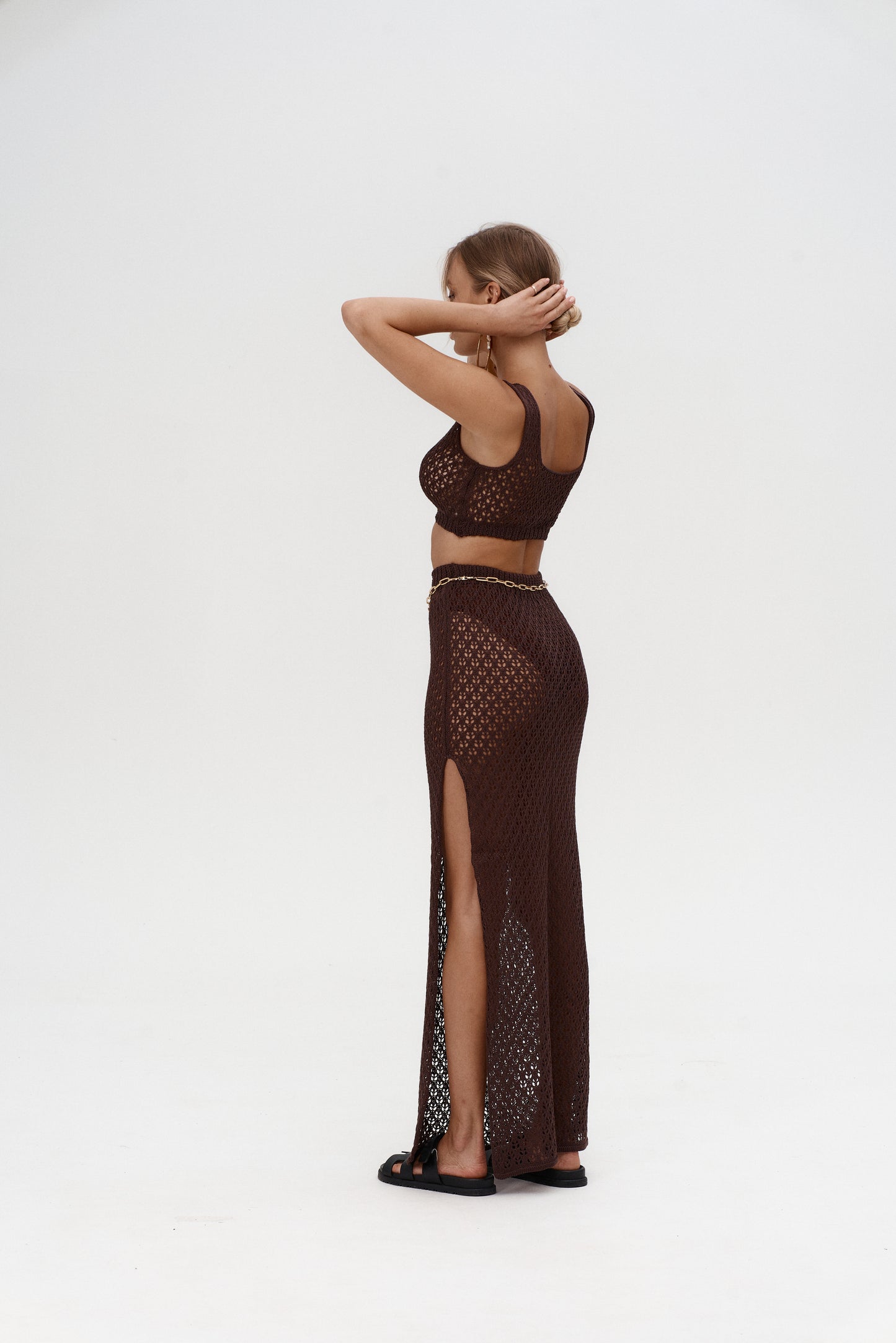 Alluring her Lace top and a skirt in Dark Chocolate