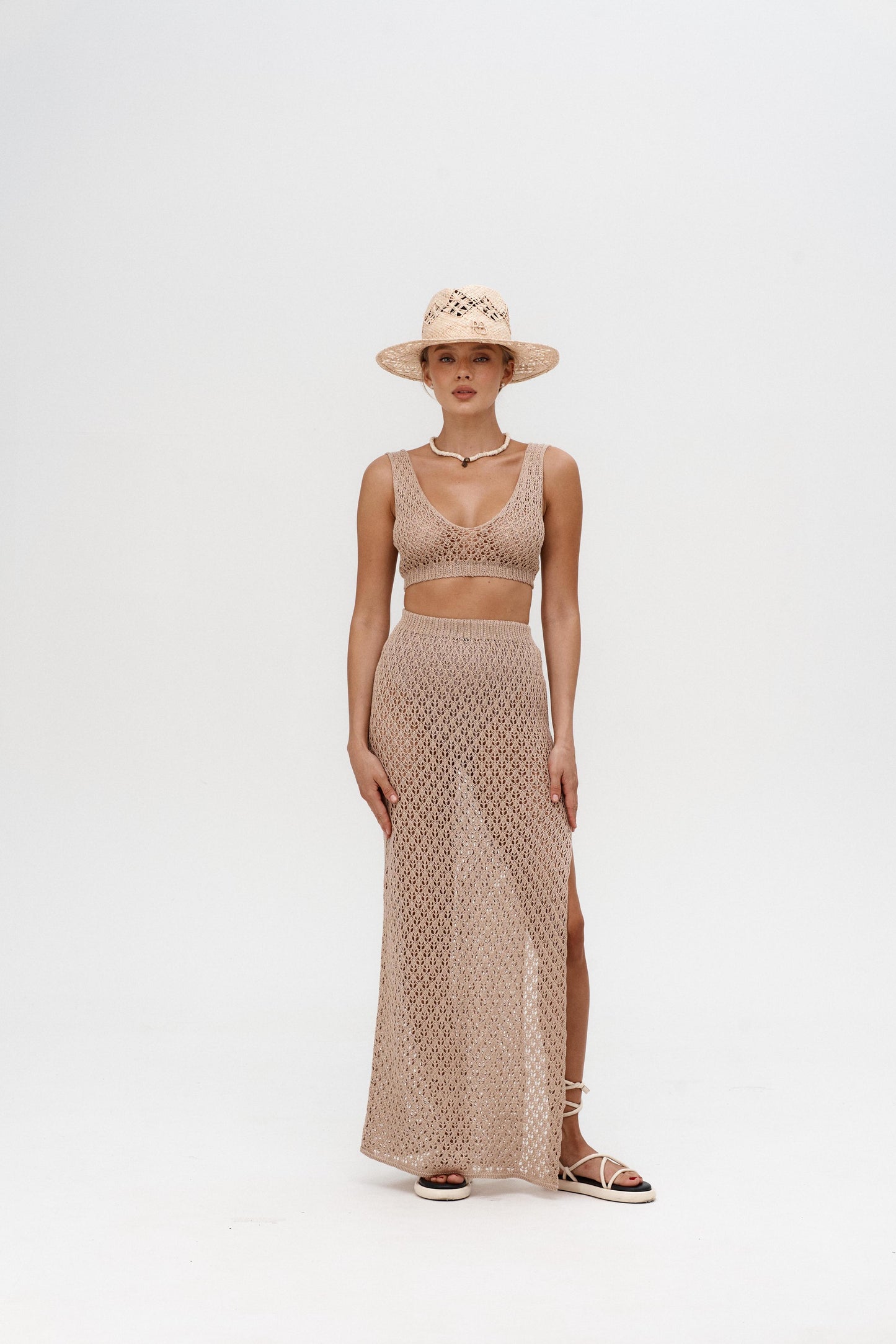 Alluring her Lace top and a skirt in Beige
