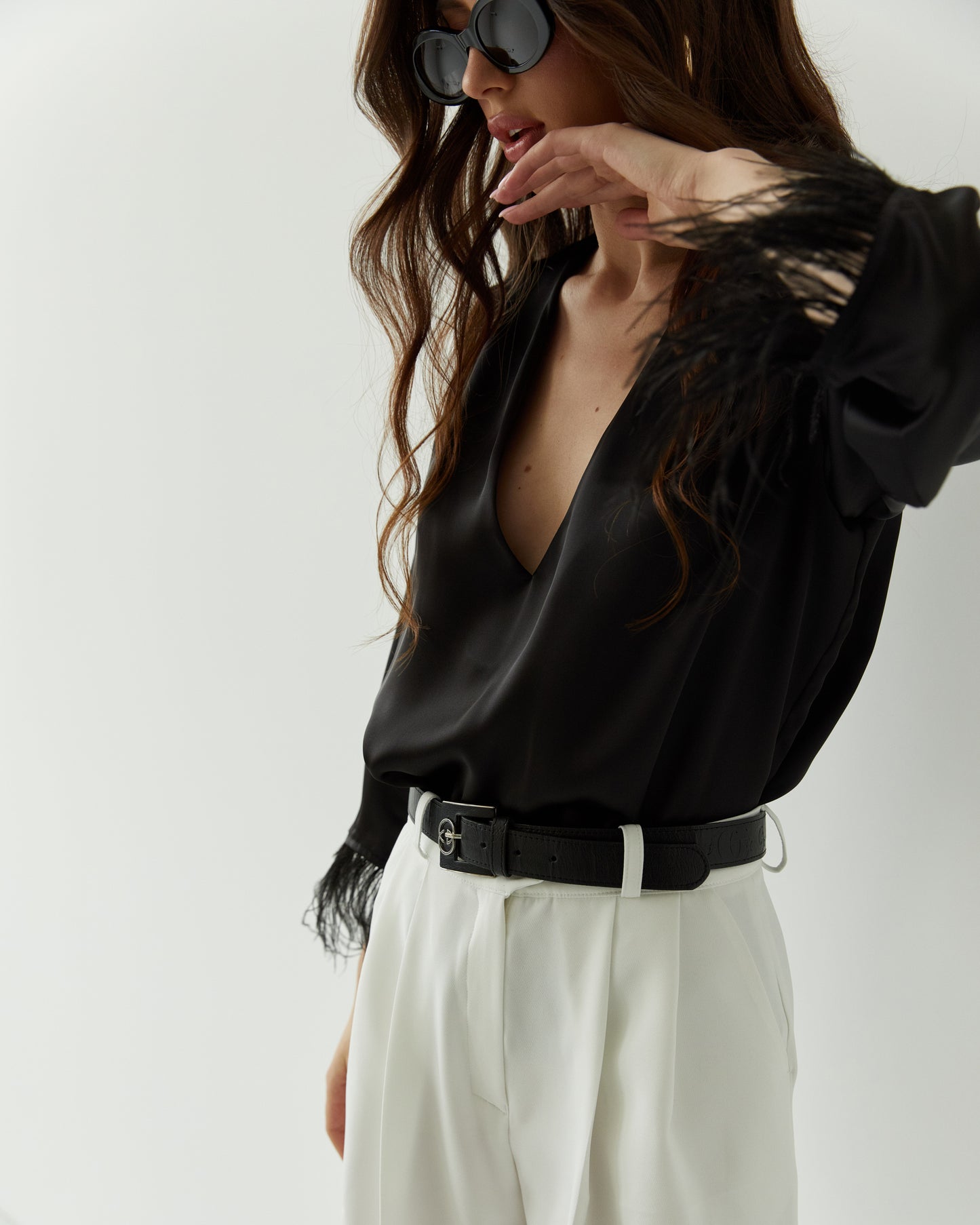 Silk feathered blouse in Black