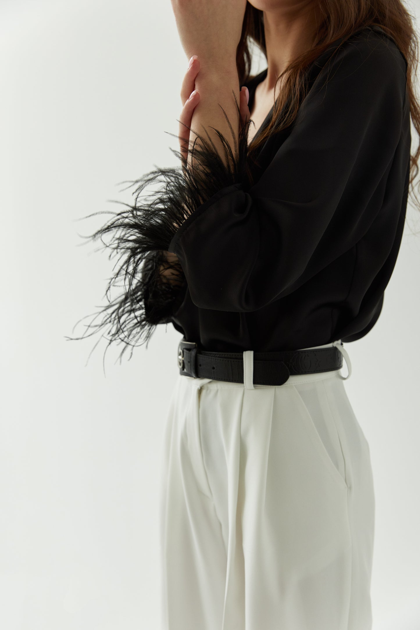 Silk feathered blouse in Black