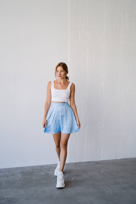 Polkadot mini skirt in silk Sky Blue